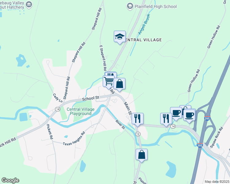 map of restaurants, bars, coffee shops, grocery stores, and more near 1-3-5 School Street in Plainfield