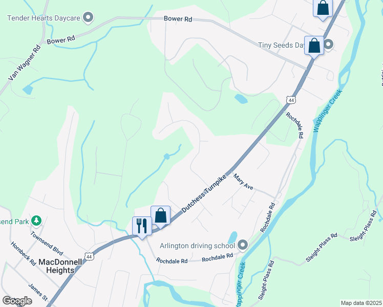 map of restaurants, bars, coffee shops, grocery stores, and more near 8 Hart Drive in Poughkeepsie
