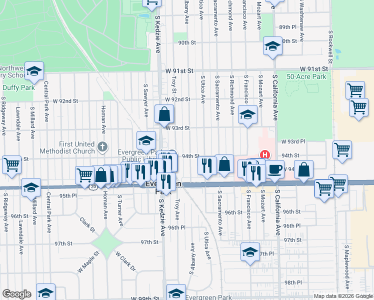 map of restaurants, bars, coffee shops, grocery stores, and more near 9340 South Albany Avenue in Evergreen Park