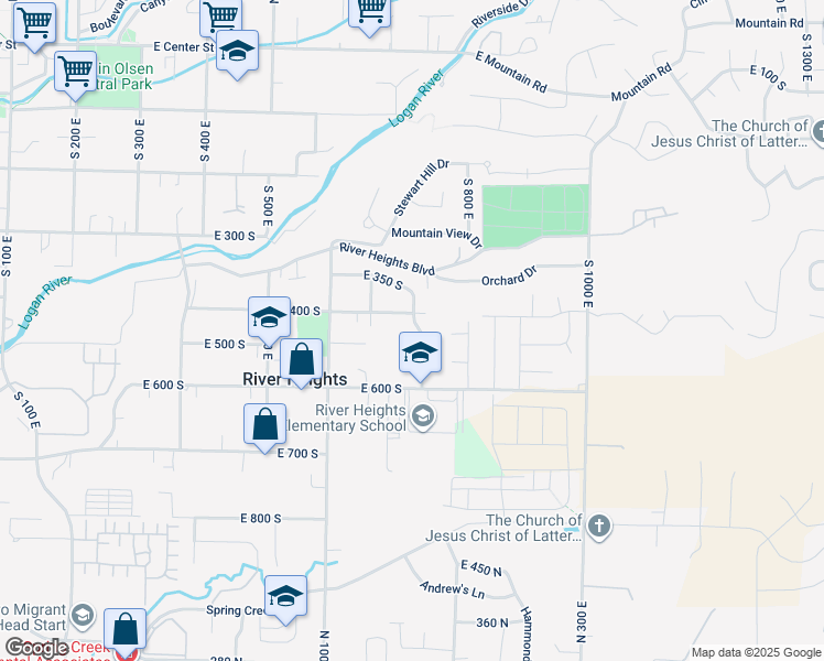 map of restaurants, bars, coffee shops, grocery stores, and more near 443 South 750 East in River Heights