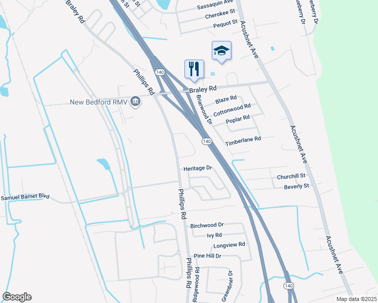 map of restaurants, bars, coffee shops, grocery stores, and more near 2108 Phillips Road in New Bedford