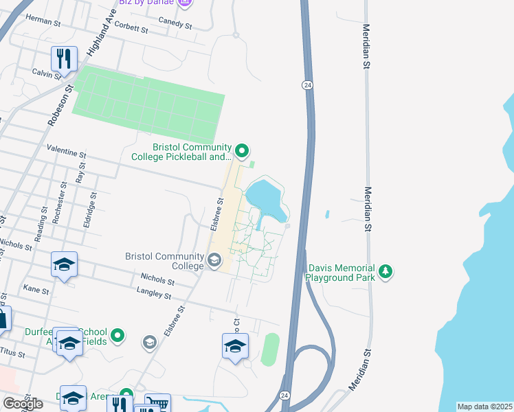 map of restaurants, bars, coffee shops, grocery stores, and more near Elsbree Street in Fall River