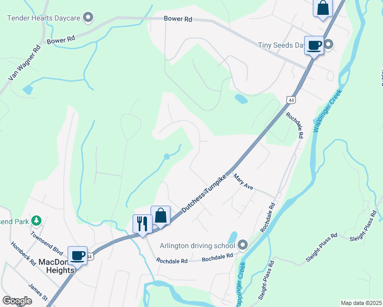 map of restaurants, bars, coffee shops, grocery stores, and more near 8 Hart Drive in Poughkeepsie