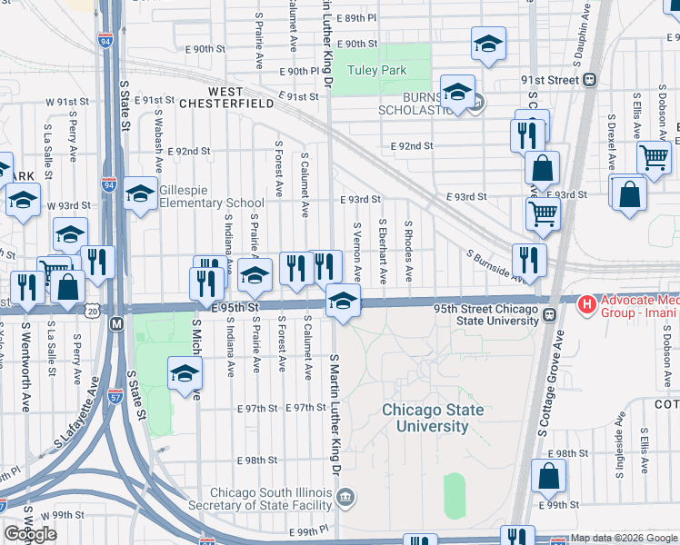 map of restaurants, bars, coffee shops, grocery stores, and more near 394 East 95th Street in Chicago