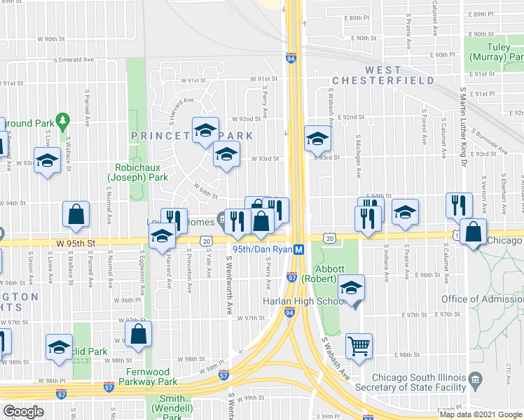 map of restaurants, bars, coffee shops, grocery stores, and more near 9437 South La Salle Street in Chicago