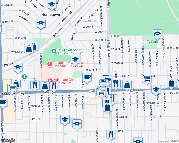 map of restaurants, bars, coffee shops, grocery stores, and more near 4060 West 95th Street in Oak Lawn