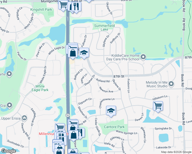 map of restaurants, bars, coffee shops, grocery stores, and more near 2819 Rutland Road in Naperville