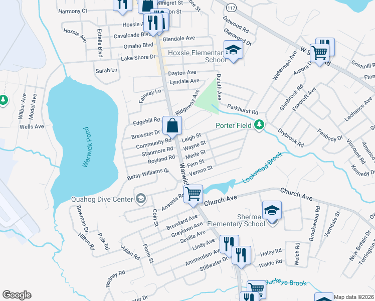 map of restaurants, bars, coffee shops, grocery stores, and more near 150 Wayne Street in Warwick