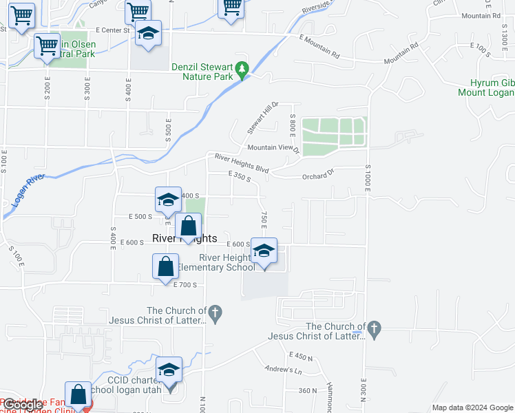 map of restaurants, bars, coffee shops, grocery stores, and more near 443 South 750 East in River Heights