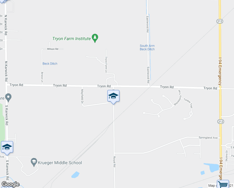 map of restaurants, bars, coffee shops, grocery stores, and more near 811 Royal Road in Michigan City