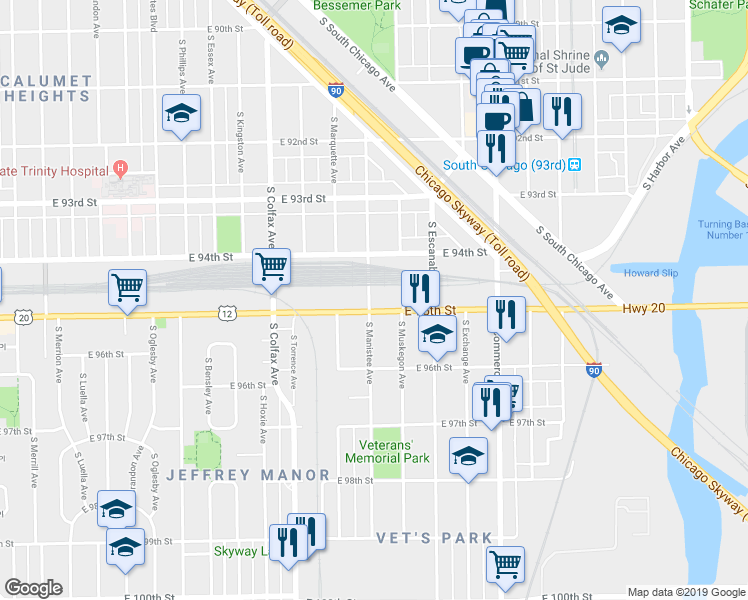 map of restaurants, bars, coffee shops, grocery stores, and more near 2800 East 95th Street in Chicago