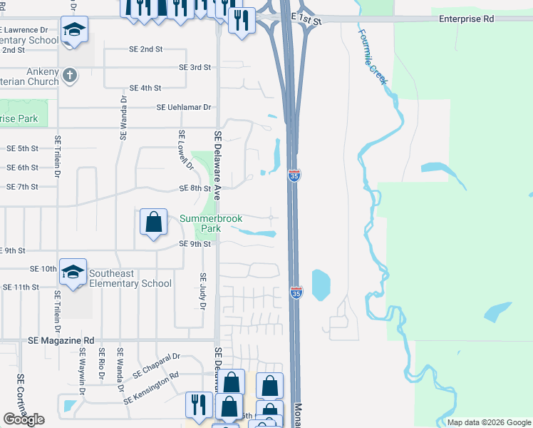 map of restaurants, bars, coffee shops, grocery stores, and more near 1283 Southeast Village View Lane in Ankeny