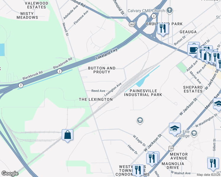 map of restaurants, bars, coffee shops, grocery stores, and more near 477 Lexington Avenue in Painesville
