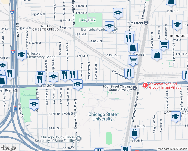 map of restaurants, bars, coffee shops, grocery stores, and more near 9441 South Rhodes Avenue in Chicago