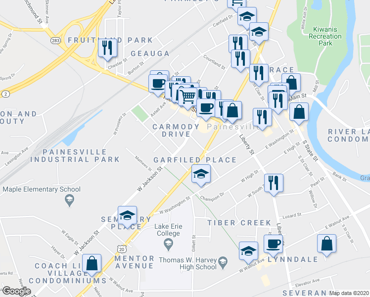 map of restaurants, bars, coffee shops, grocery stores, and more near 131 West Jackson Street in Painesville