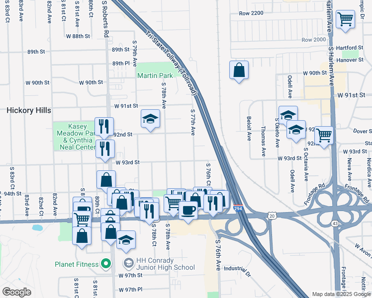 map of restaurants, bars, coffee shops, grocery stores, and more near 7720 West 93rd Street in Hickory Hills