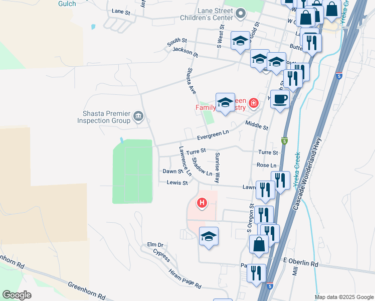map of restaurants, bars, coffee shops, grocery stores, and more near 714 Lawrence Lane in Yreka