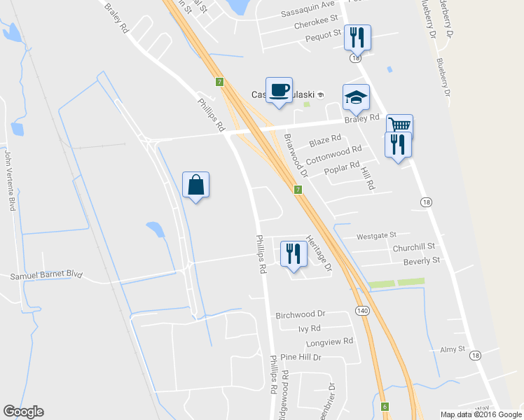 map of restaurants, bars, coffee shops, grocery stores, and more near 2062 Phillips Road in New Bedford