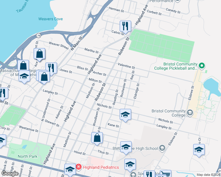map of restaurants, bars, coffee shops, grocery stores, and more near 525 Woodlawn Street in Fall River