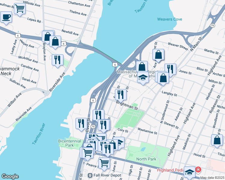 map of restaurants, bars, coffee shops, grocery stores, and more near 23 Norfolk Street in Fall River