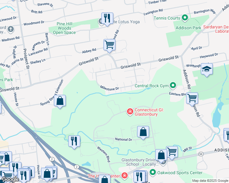 map of restaurants, bars, coffee shops, grocery stores, and more near 15 Periwinkle Lane in Glastonbury
