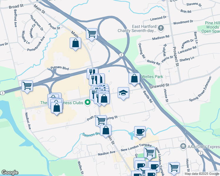 map of restaurants, bars, coffee shops, grocery stores, and more near 12 Brewster Road in Glastonbury