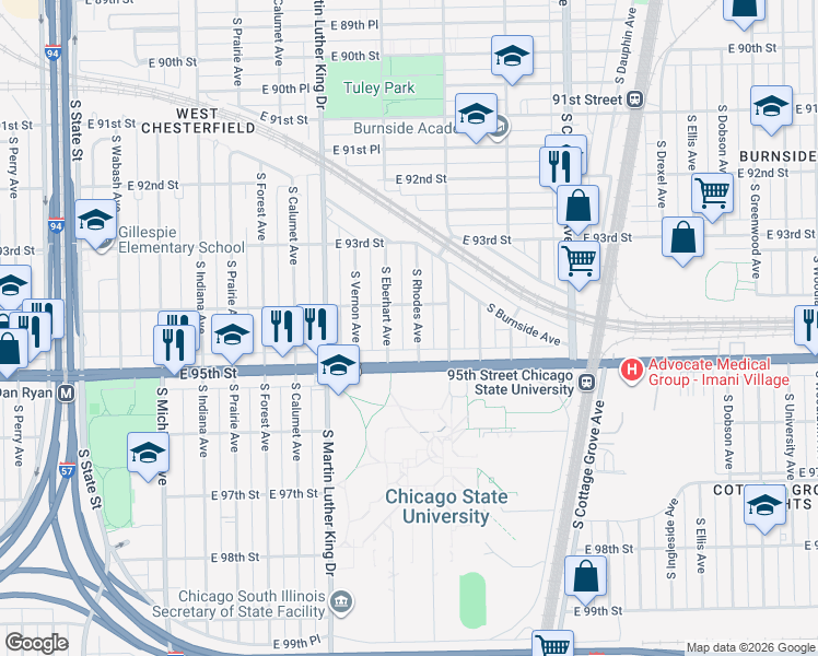 map of restaurants, bars, coffee shops, grocery stores, and more near 9441 South Rhodes Avenue in Chicago