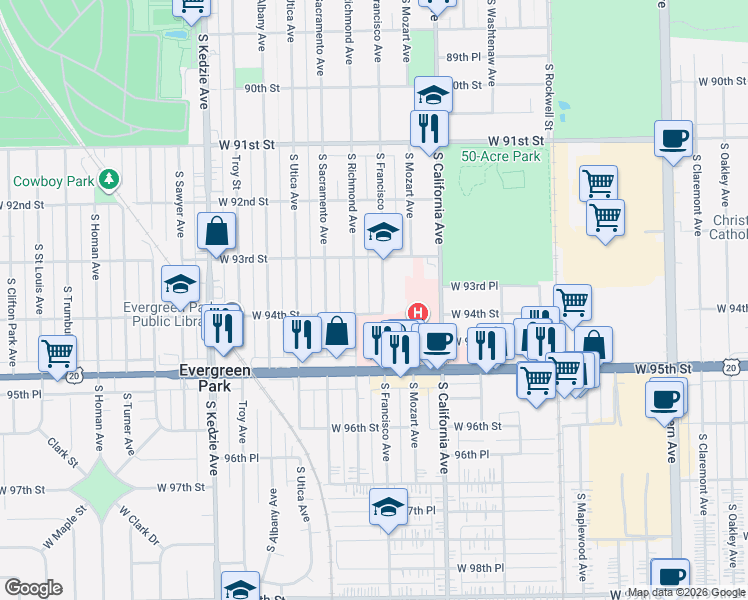 map of restaurants, bars, coffee shops, grocery stores, and more near 9400 South Francisco Avenue in Evergreen Park
