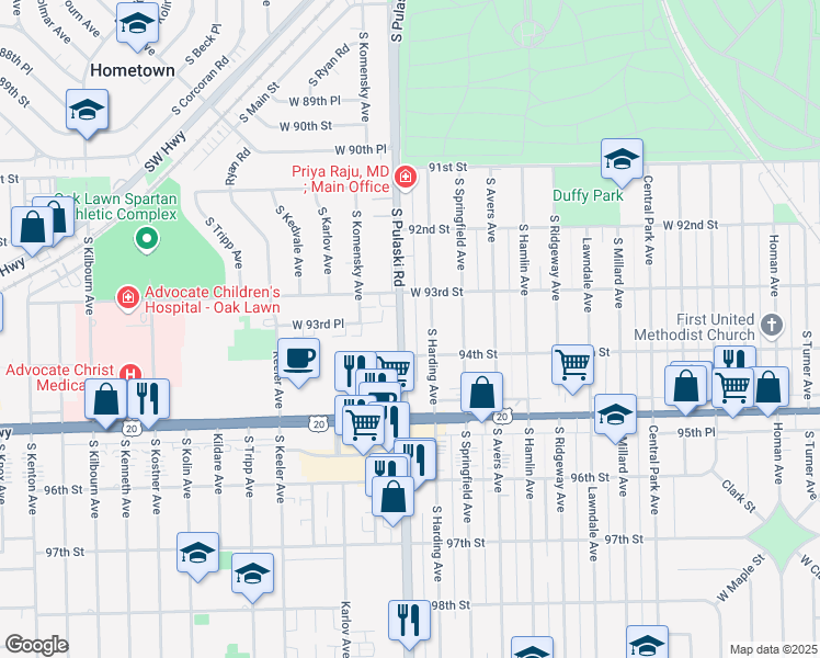 map of restaurants, bars, coffee shops, grocery stores, and more near in Oak Lawn