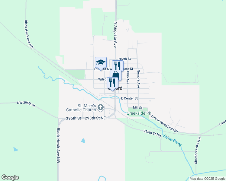 map of restaurants, bars, coffee shops, grocery stores, and more near 101-113 State Highway 109 in Oxford