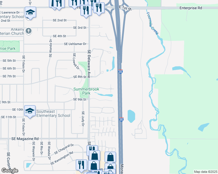 map of restaurants, bars, coffee shops, grocery stores, and more near 1283 Southeast Village View Lane in Ankeny