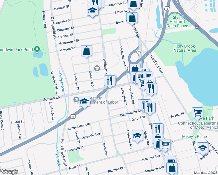 map of restaurants, bars, coffee shops, grocery stores, and more near 146 Jordan Lane in Wethersfield
