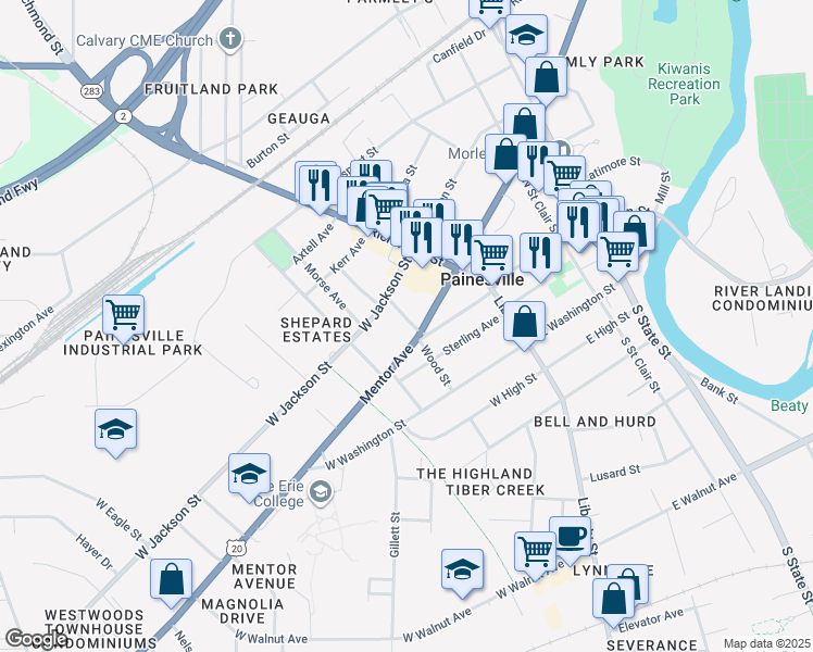 map of restaurants, bars, coffee shops, grocery stores, and more near 27 Watson Street in Painesville