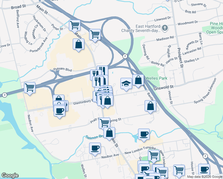 map of restaurants, bars, coffee shops, grocery stores, and more near 12 Brewster Road in Glastonbury