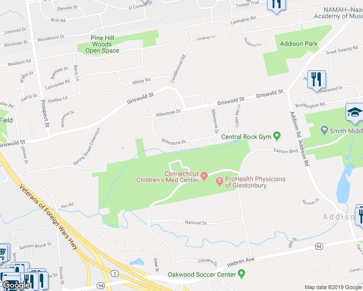 map of restaurants, bars, coffee shops, grocery stores, and more near 5 Periwinkle Lane in Glastonbury