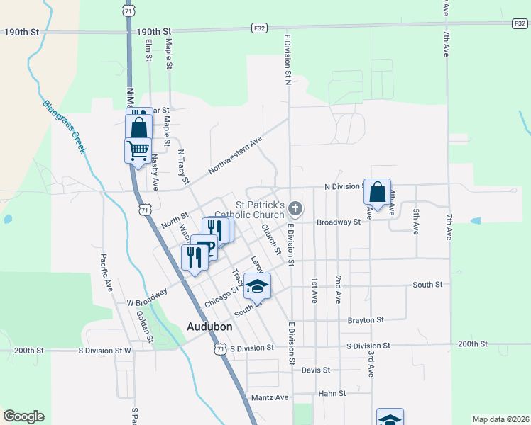 map of restaurants, bars, coffee shops, grocery stores, and more near 218 Church Street in Audubon