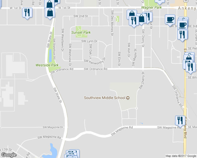 map of restaurants, bars, coffee shops, grocery stores, and more near 1169 Southwest Ordnance Road in Ankeny