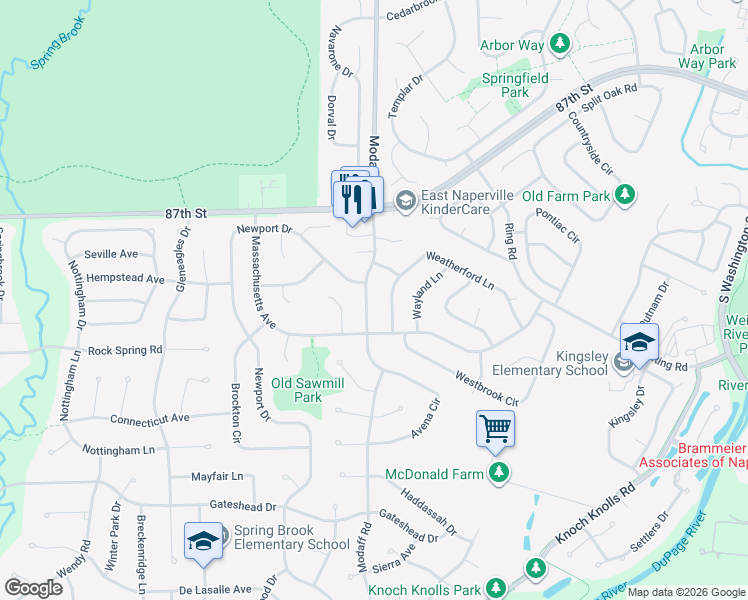 map of restaurants, bars, coffee shops, grocery stores, and more near 2329 Weatherford Lane in Naperville