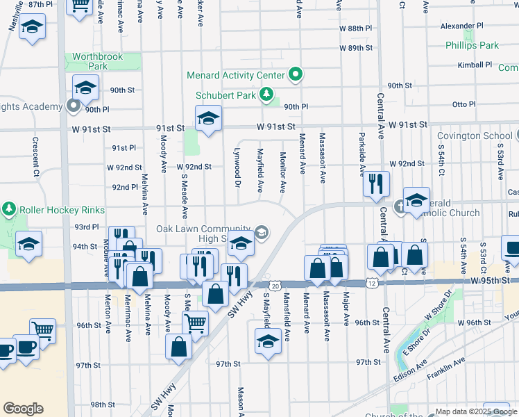 map of restaurants, bars, coffee shops, grocery stores, and more near 5849 West 93rd Street in Oak Lawn