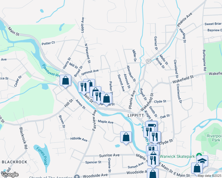 map of restaurants, bars, coffee shops, grocery stores, and more near 16 Parker Street in West Warwick
