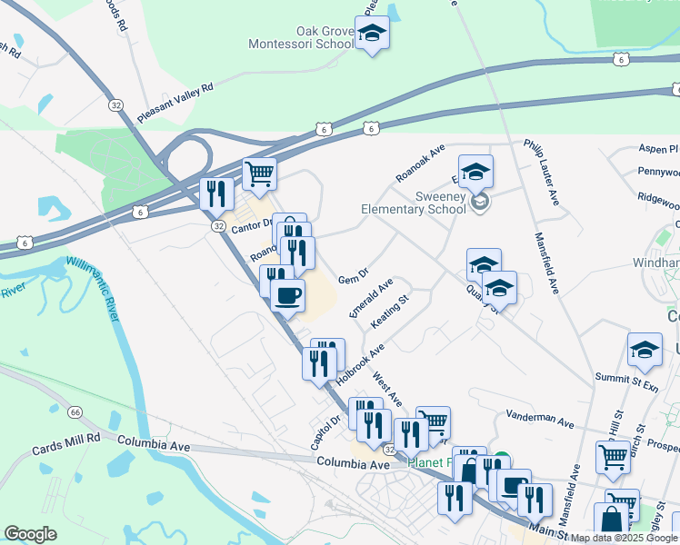 map of restaurants, bars, coffee shops, grocery stores, and more near 37 Gem Drive in Windham