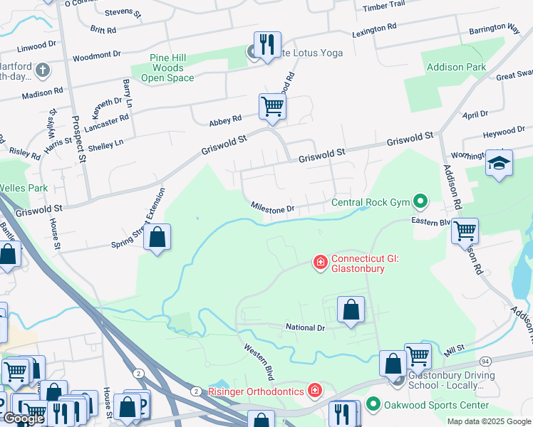 map of restaurants, bars, coffee shops, grocery stores, and more near 5 Periwinkle Lane in Glastonbury