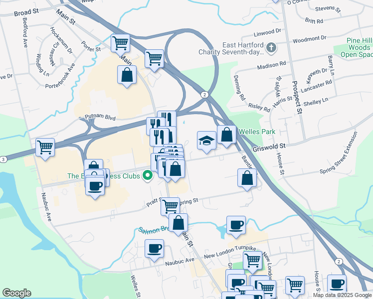 map of restaurants, bars, coffee shops, grocery stores, and more near 12 Brewster Road in Glastonbury