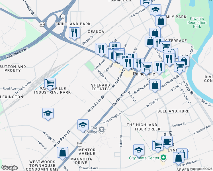 map of restaurants, bars, coffee shops, grocery stores, and more near 200 West Jackson Street in Painesville