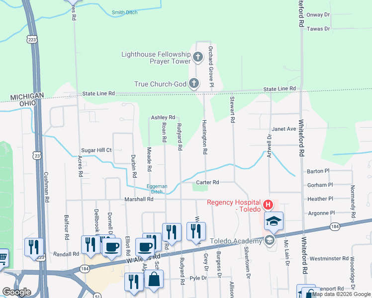 map of restaurants, bars, coffee shops, grocery stores, and more near 5928 Rudyard Road in Sylvania