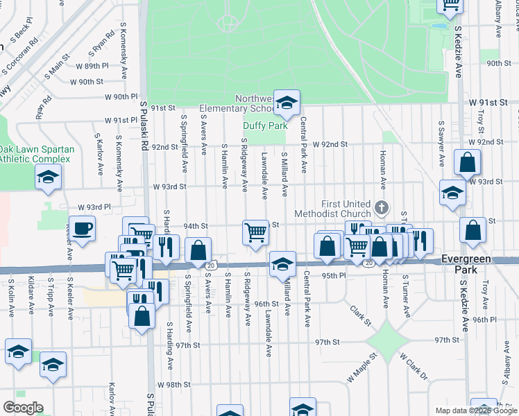 map of restaurants, bars, coffee shops, grocery stores, and more near 353 West 94th Street in Evergreen Park