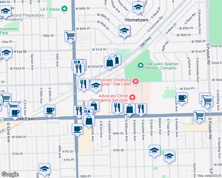 map of restaurants, bars, coffee shops, grocery stores, and more near 9340 Kolmar Avenue in Oak Lawn