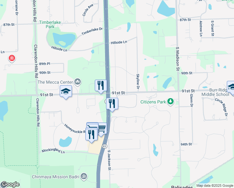map of restaurants, bars, coffee shops, grocery stores, and more near 16W301 91st Street in Willowbrook