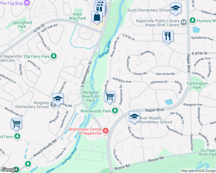 map of restaurants, bars, coffee shops, grocery stores, and more near 2330 River Woods Drive in Naperville