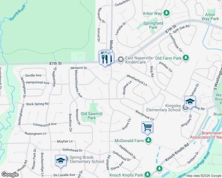 map of restaurants, bars, coffee shops, grocery stores, and more near 2329 Weatherford Lane in Naperville